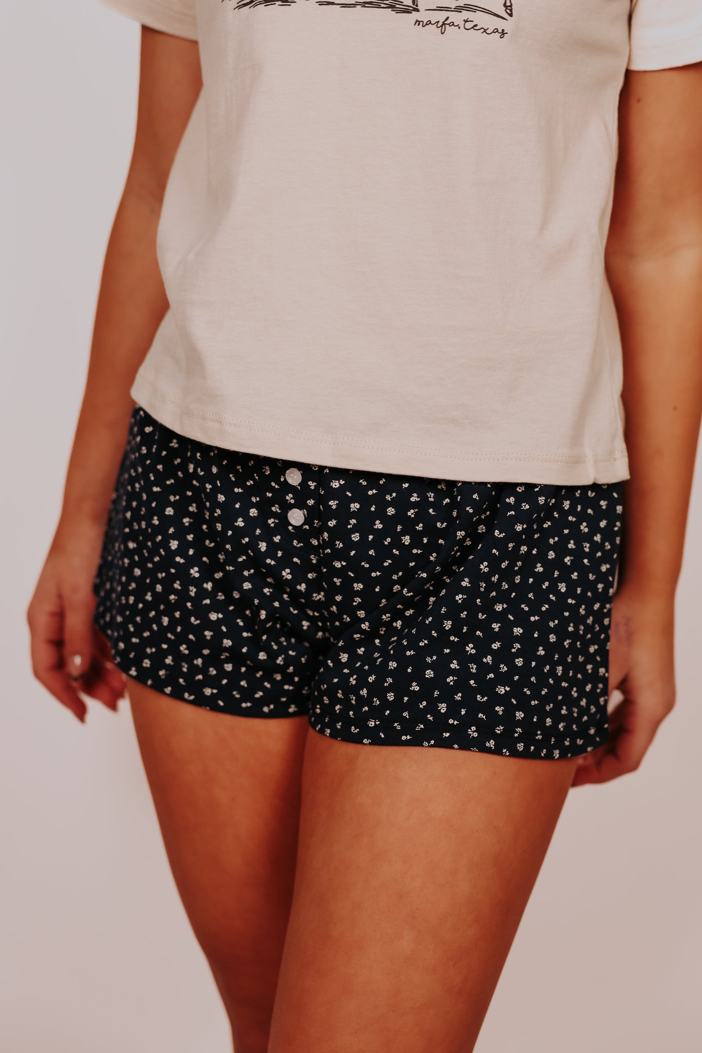 Navy Ditzy Floral Printed Cotton Shorts