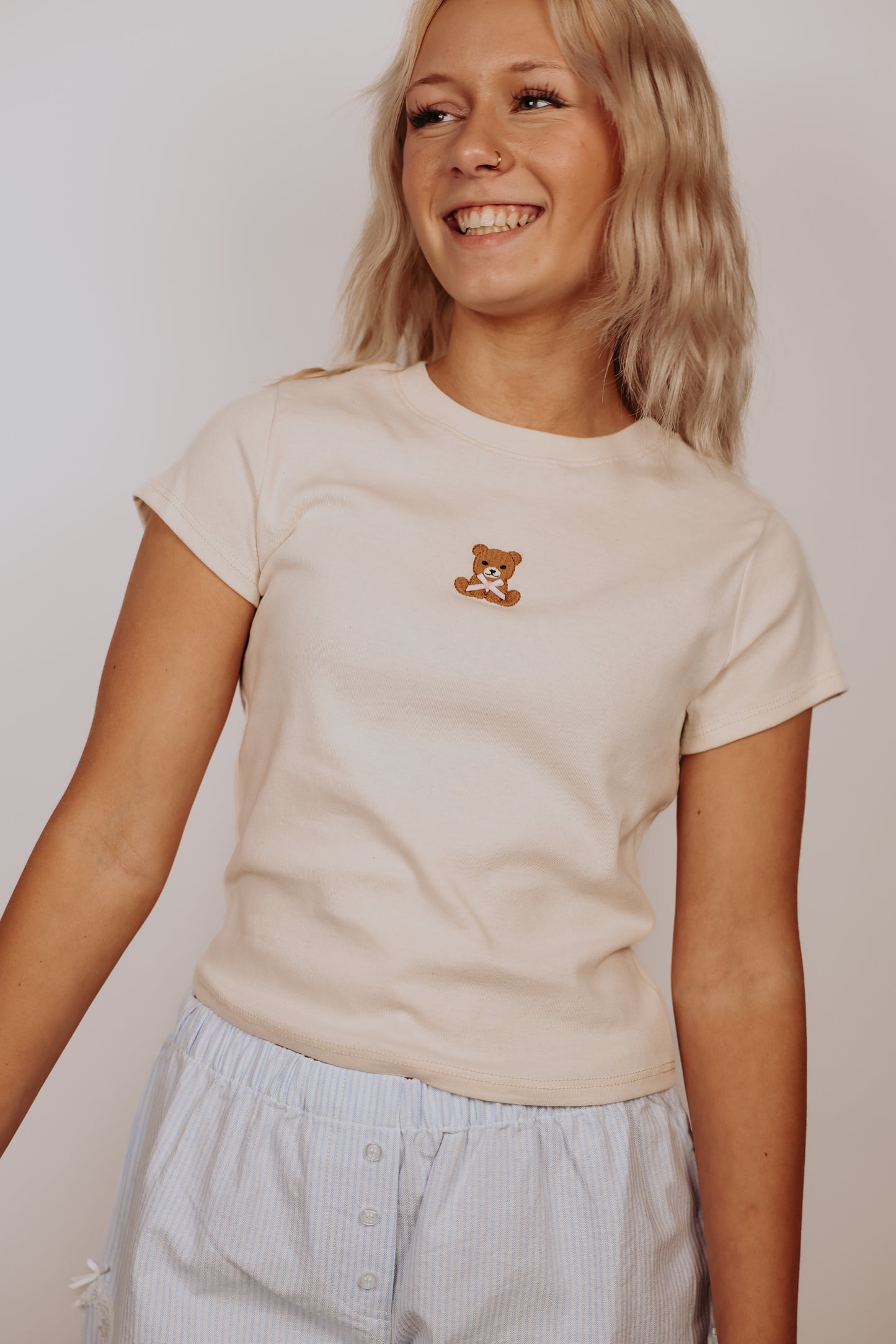 Teddy Bear Embroidery With Ribbon Baby Tee