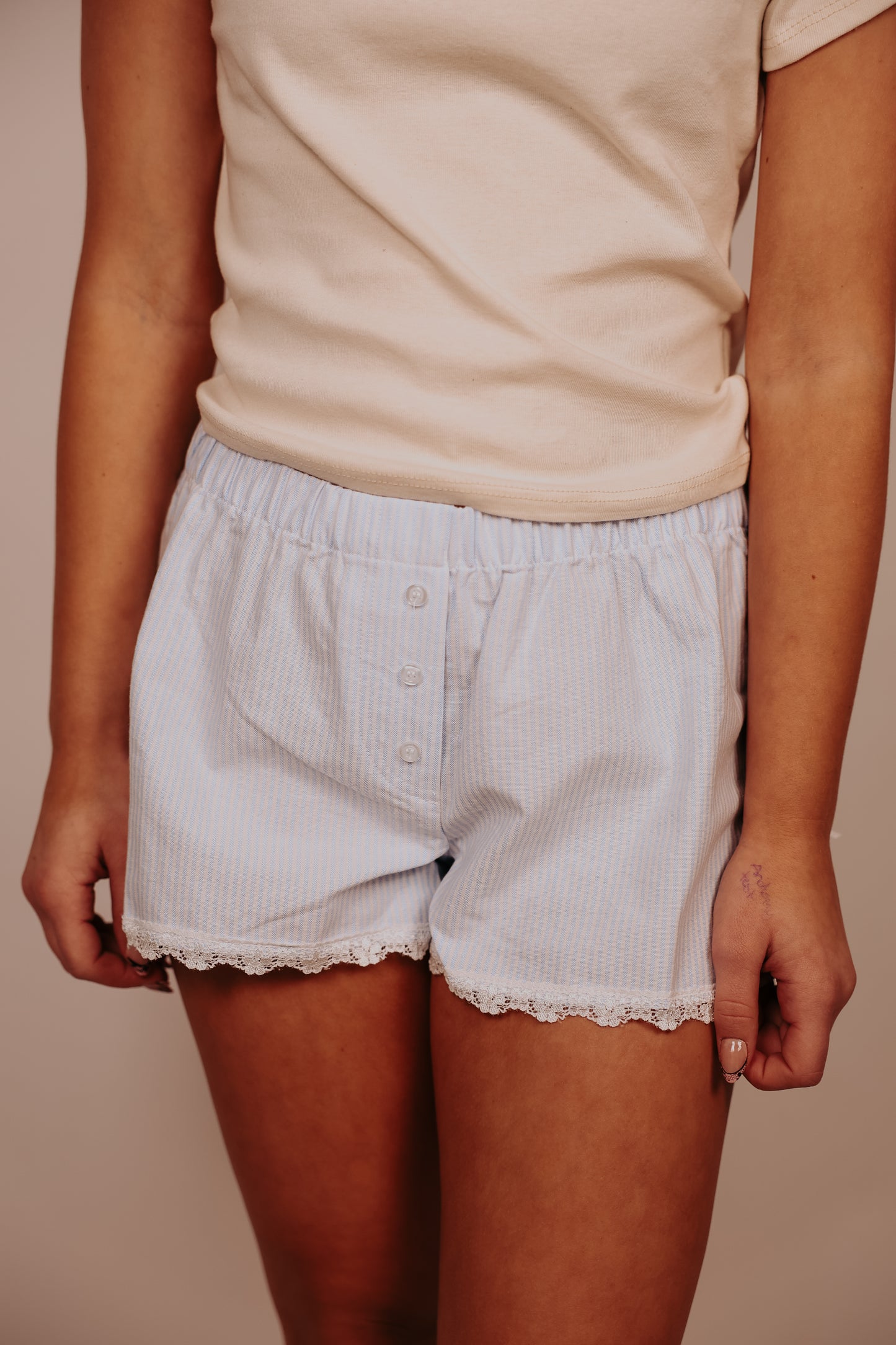 Blue/white Pinstripe Boxer Shorts With Lace Trim